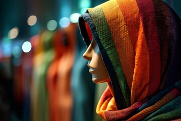 Aufkleber - Colorful scarf displayed on mannequin in a retail setting with blurred garments in the background during a shopping day