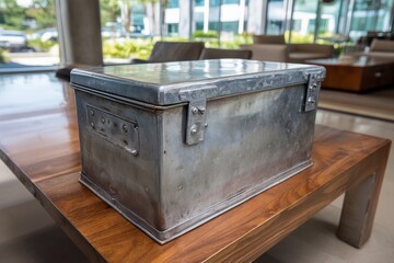 Poster - Metal storage box on wooden table in modern indoor space with large windows and contemporary decor