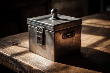 Aufkleber - Vintage metal box creates a warm atmosphere in a rustic wooden setting with soft lighting coming through the window