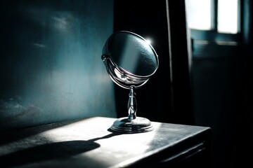 Aufkleber - Shiny silver tabletop mirror reflecting light in a darkened room during the afternoon