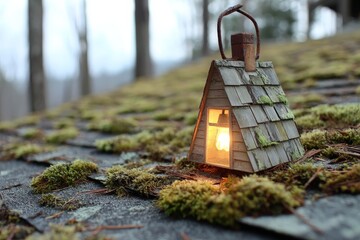 Aufkleber - Miniature lantern placed on mossy roof in a serene forest setting during twilight hours