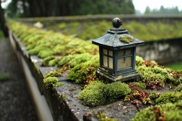 Poster - Old stone wall covered in moss with a small lantern in a serene garden setting during early morning light