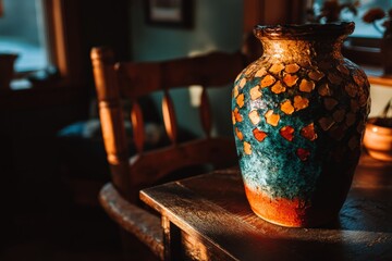 Aufkleber - Decorative ceramic vase illuminated by warm sunlight in a cozy interior setting during late afternoon