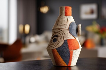 Poster - Decorative ceramic vase with abstract patterns displayed in a stylish living room setting