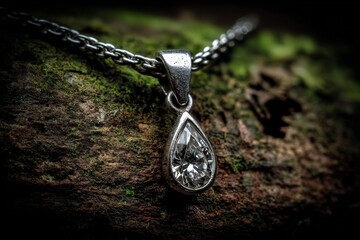 Poster - Sparkling teardrop pendant on a silver chain displayed on natural wood background at close range