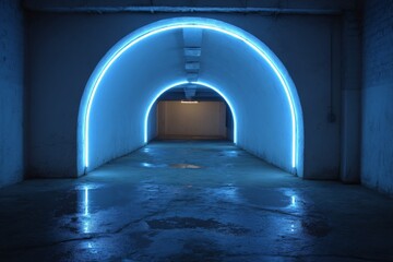Poster - Unique architectural design featuring blue neon lights illuminating a tunnel at night in an urban setting