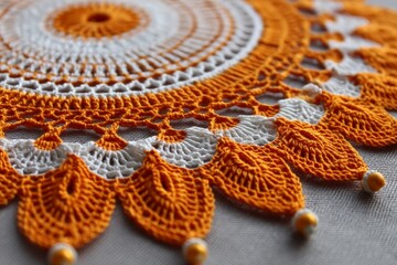 Leinwandbilder - Vibrant orange and white crochet doily showcasing intricate patterns and craftsmanship