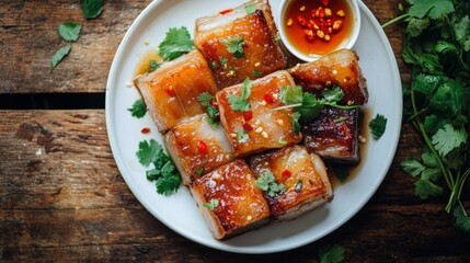 Aufkleber - A top-down view of crispy pork belly on a white plate, garnished with coriander and chili peppers, ready to be enjoyed with a small bowl of fish sauce on the side.