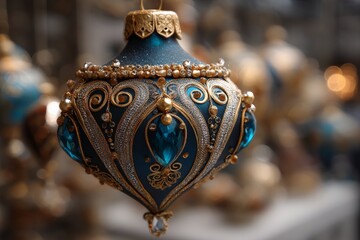 Poster - Elegant blue and gold ornament displayed at a holiday market during the winter season