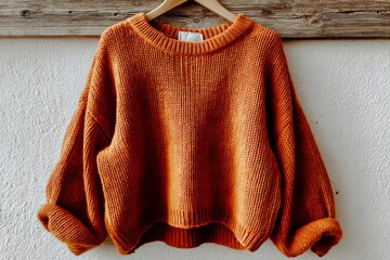 Poster - Cozy orange knit sweater displayed on wooden hanger against rustic wall background