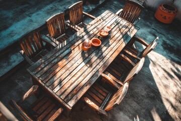 Poster - Rustic wooden dining table surrounded by chairs in an outdoor setting during the afternoon