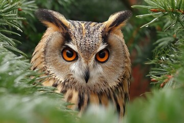Poster - Majestic owl perched among lush evergreen foliage during a misty morning in a serene forest environment