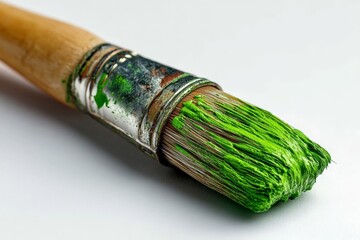 Poster - Close-up of a paintbrush with vibrant green paint ready for artistic creation