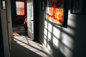 Aufkleber - Light and shadows dance in a cozy hallway with artwork at sunset in a home setting
