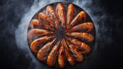 Poster - A top-down view of large grilled prawns arranged in a circle on a platter, with steam rising and a golden-brown char on the prawns shells.