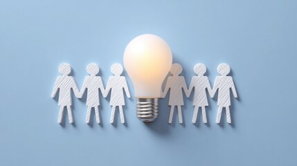 Poster - Light bulb surrounded by paper cut people illustrating team-led innovation and creative collaboration