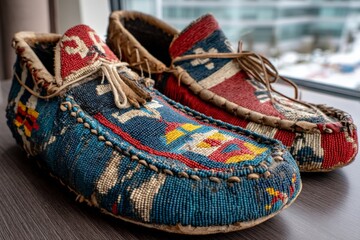 Poster - Traditional Native American moccasins on display near a window in a modern setting