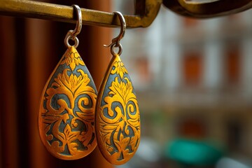 Poster - Beautifully crafted gold and black ornate earrings displayed on a stylish hook in an elegant setting