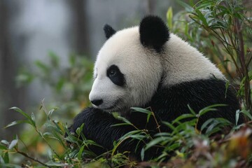 Poster - Panda resting peacefully among green foliage in a tranquil forest setting during a misty morning