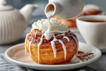 Poster - Delicious cinnamon roll topped with cream and served with coffee on a cozy breakfast table