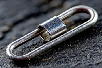 Poster - Metal clip resting on textured surface with focus on shiny details and contours during daylight hours