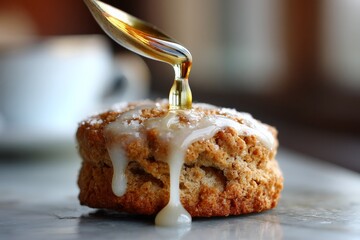 Poster - Freshly baked biscuit topped with honey drizzle on marble table during afternoon coffee break