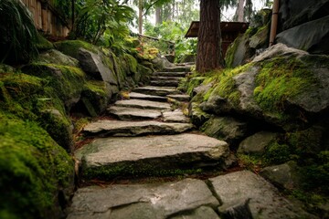Poster - Natural stone pathway through lush greenery in a tranquil garden setting