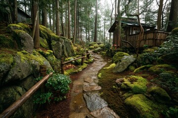 Poster - Winding stone path through moss-covered rocks in a serene forest setting near a rustic wooden cabin