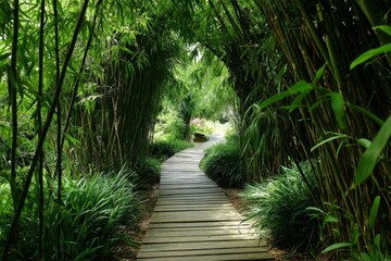 Aufkleber - Serenity in a lush bamboo pathway surrounded by vibrant nature during daytime