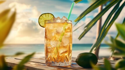 Poster - A tropical setting with a beer glass filled with ice, a straw, and a lime garnish