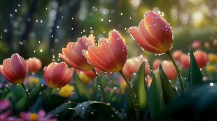 Aufkleber - A tulip garden after rain, each bloom adorned with delicate water droplets