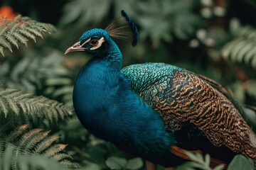 Poster - Colorful peacock displaying vibrant feathers in a lush garden setting during late afternoon