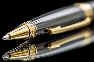 Poster - Luxury black and gold ink pen resting on a reflective surface showcasing elegant design and craftsmanship