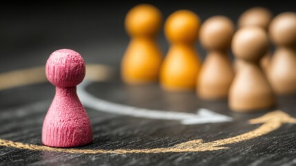 Poster - Pink pawn standing out among orange pawns representing leadership goals and strategic objectives in a collaborative setting