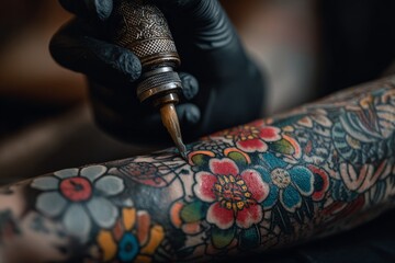 Poster - Skilled tattoo artist creating intricate floral designs on a client's arm during a late afternoon session