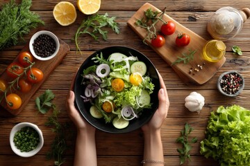 Poster - Fresh vegetable salad preparation with cucumbers, tomatoes, and herbs in a cozy kitchen setting
