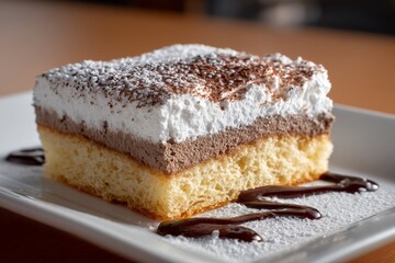 Poster - Delicious layered dessert with cream and chocolate served on a white plate in an inviting setting