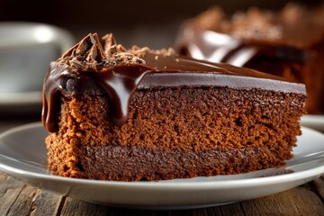 Poster - Delicious chocolate cake slice served on a white plate with rich frosting and a cozy background