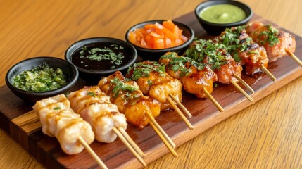 Aufkleber - A vibrant shot of yakitori skewers arranged in a fan shape on a wooden board, garnished with fresh herbs and served with dipping sauces for a delightful presentation.