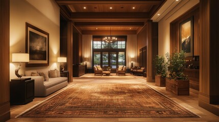 Aufkleber - A warm and inviting hall with a cozy seating area, soft rugs, and natural wood elements