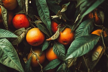 Poster - Oranges grow in abundance among lush green leaves in a vibrant orchard during the late afternoon sun