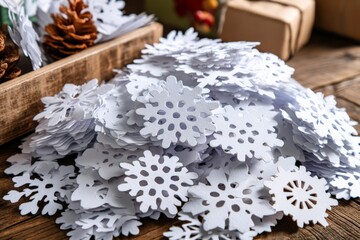 Poster - Decorative white snowflakes scattered on wooden table with pine cones and craft supplies in holiday preparation
