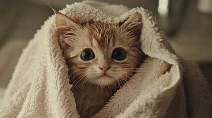 Poster - A wet cat wrapped in a soft towel after a bath, looking calm and comfortable
