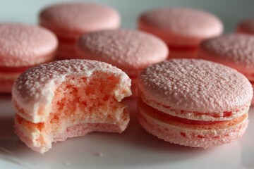 Poster - Delicious pink macarons displayed on a plate showcasing the soft texture and vibrant color in a cozy kitchen setting