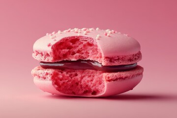 Poster - Pink macaron dessert with a bite taken, showcasing texture and filling in a minimalist setting