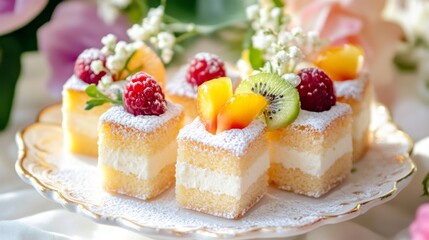 Aufkleber - A whimsical presentation of mini honey toast bites served on a plate, topped with colorful fruit and a dusting of powdered sugar for a fun dessert option.