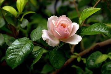 Aufkleber - Delicate pink rose blossom surrounded by lush green leaves in a garden setting
