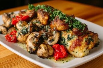 Aufkleber - Delicious roasted chicken served with sautéed mushrooms, cherry tomatoes, and fresh herbs on a wooden table