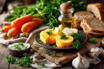 Poster - Fresh ingredients and homemade butter on a rustic kitchen table with bread and carrots