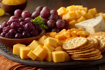 Poster - Cheese and cracker platter with fresh grapes, a delightful spread for gatherings or casual snacking at home